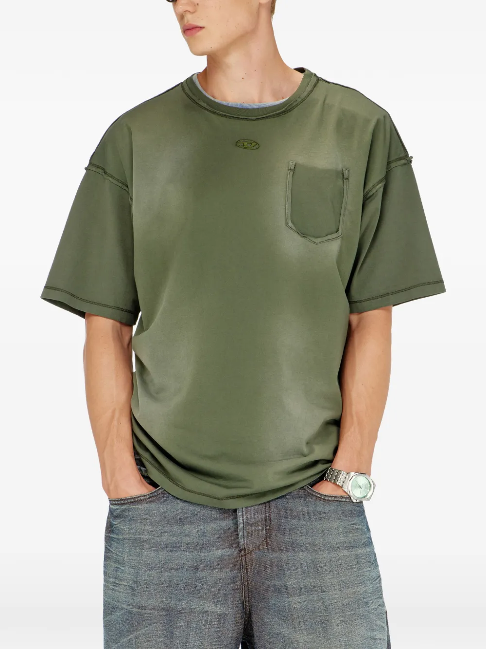 Diesel Vervaagd T-shirt met gescheurd zakdetail Groen