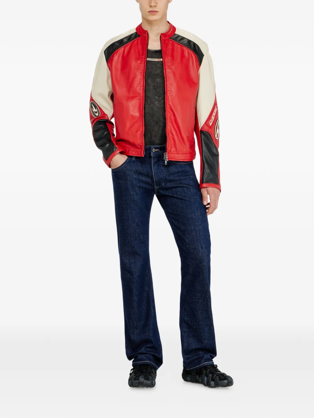 Diesel Bikerjack van leer met colourblocking en geperforeerde details Rood