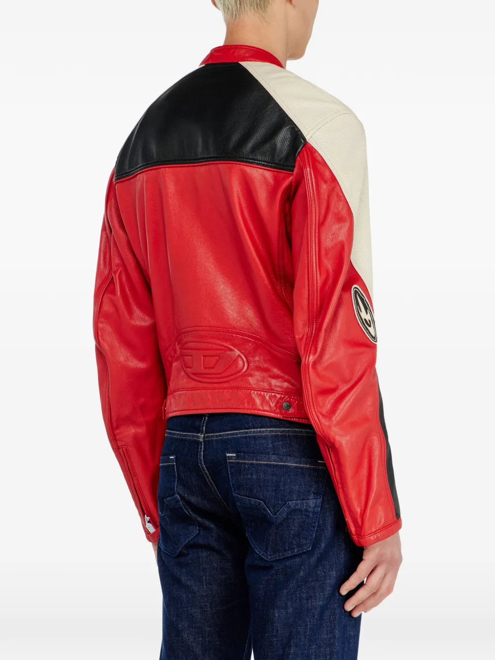 Diesel Bikerjack van leer met colourblocking en geperforeerde details Rood