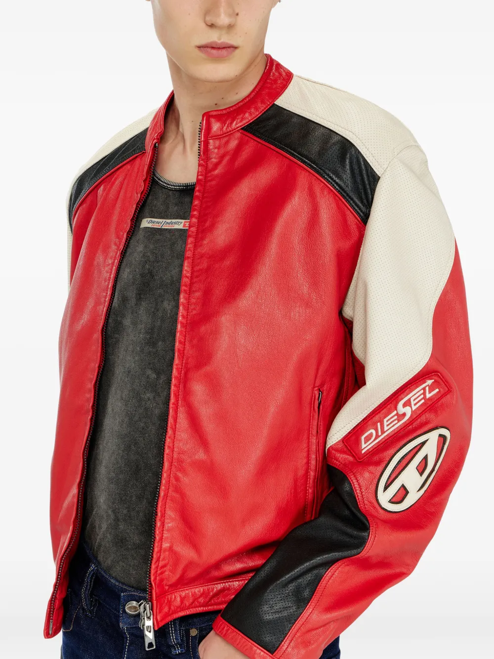 Diesel Bikerjack van leer met colourblocking en geperforeerde details Rood
