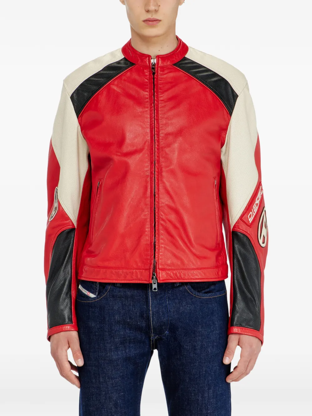 Diesel Bikerjack van leer met colourblocking en geperforeerde details Rood