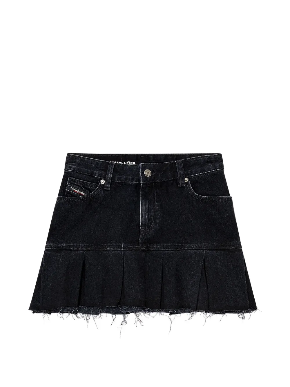 Diesel Gonna denim con orlo plissettato sfrangiato - Nero