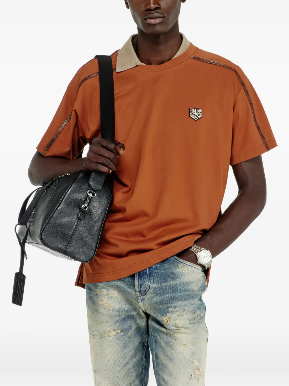 Diesel T-shirt met contrasterende afwerking en logo-patch Oranje