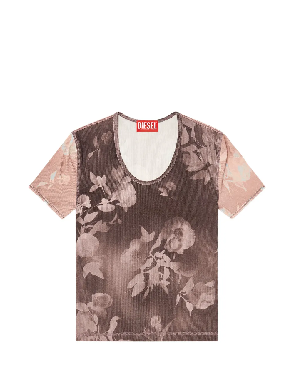 Diesel top in floral-print ribbed jersey - Marrone