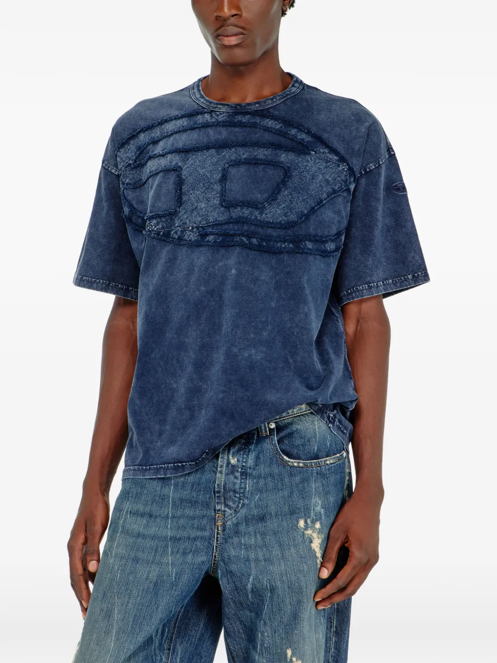 Diesel Ruimvallend katoenen T-shirt met Oval-D applicatie Blauw