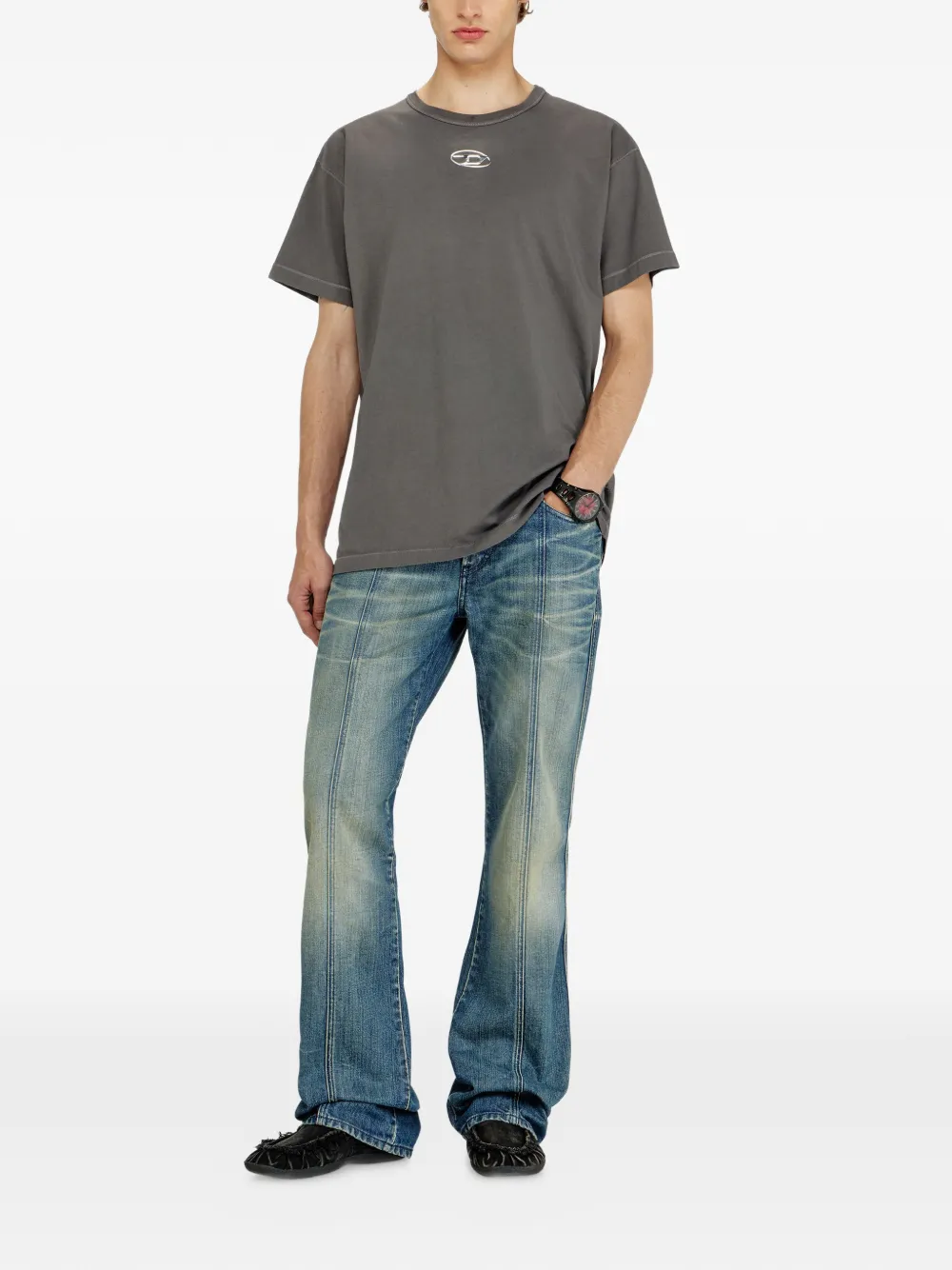 Diesel Katoenen T-shirt met metallic Oval D-logo Grijs