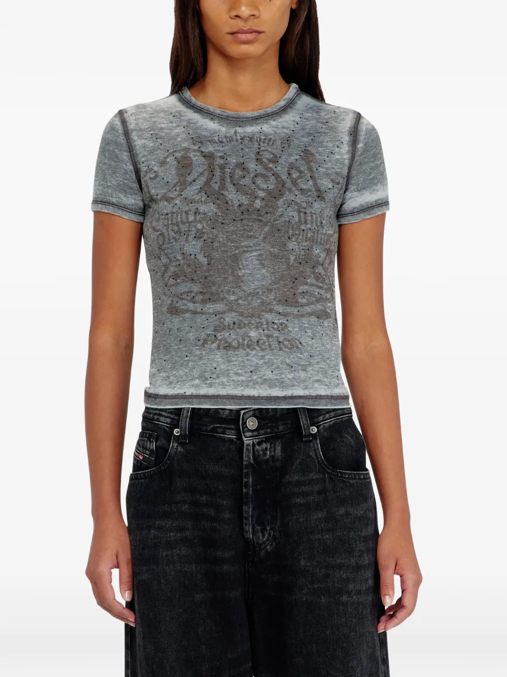 Diesel Slim jersey T-shirt met print en studs Grijs