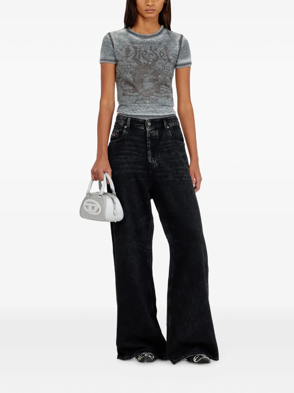 Diesel Slim jersey T-shirt met print en studs Grijs