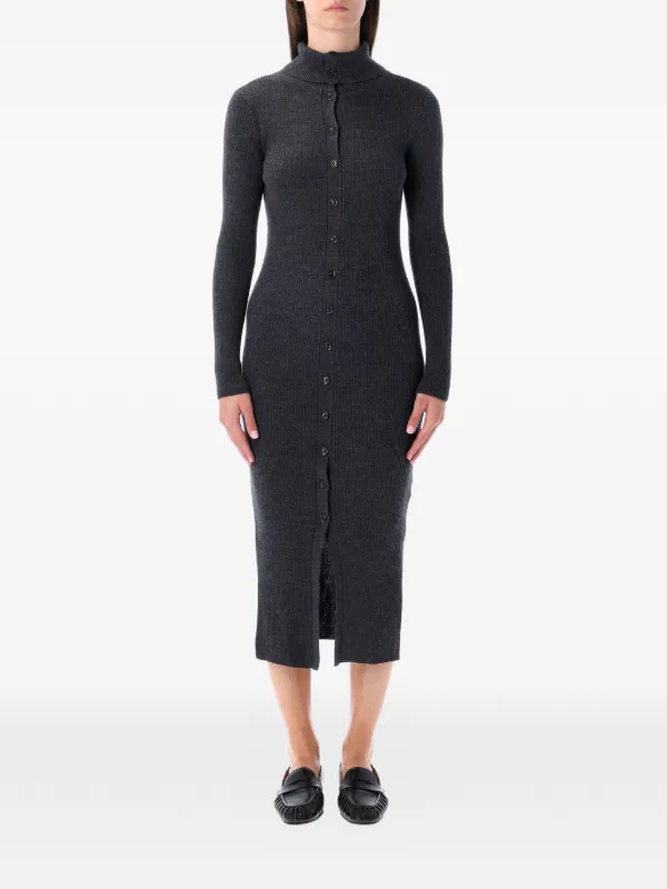 buttoned ribbed dress Ribbed Knit Long Sleeve Button Down Midi Dress