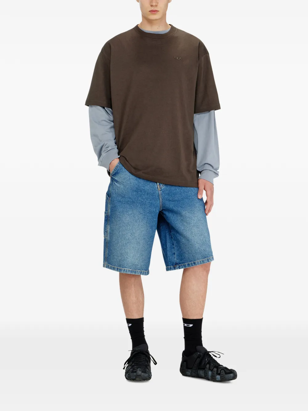 Diesel T-shirt met geborduurd logo en gewassen afwerking Bruin