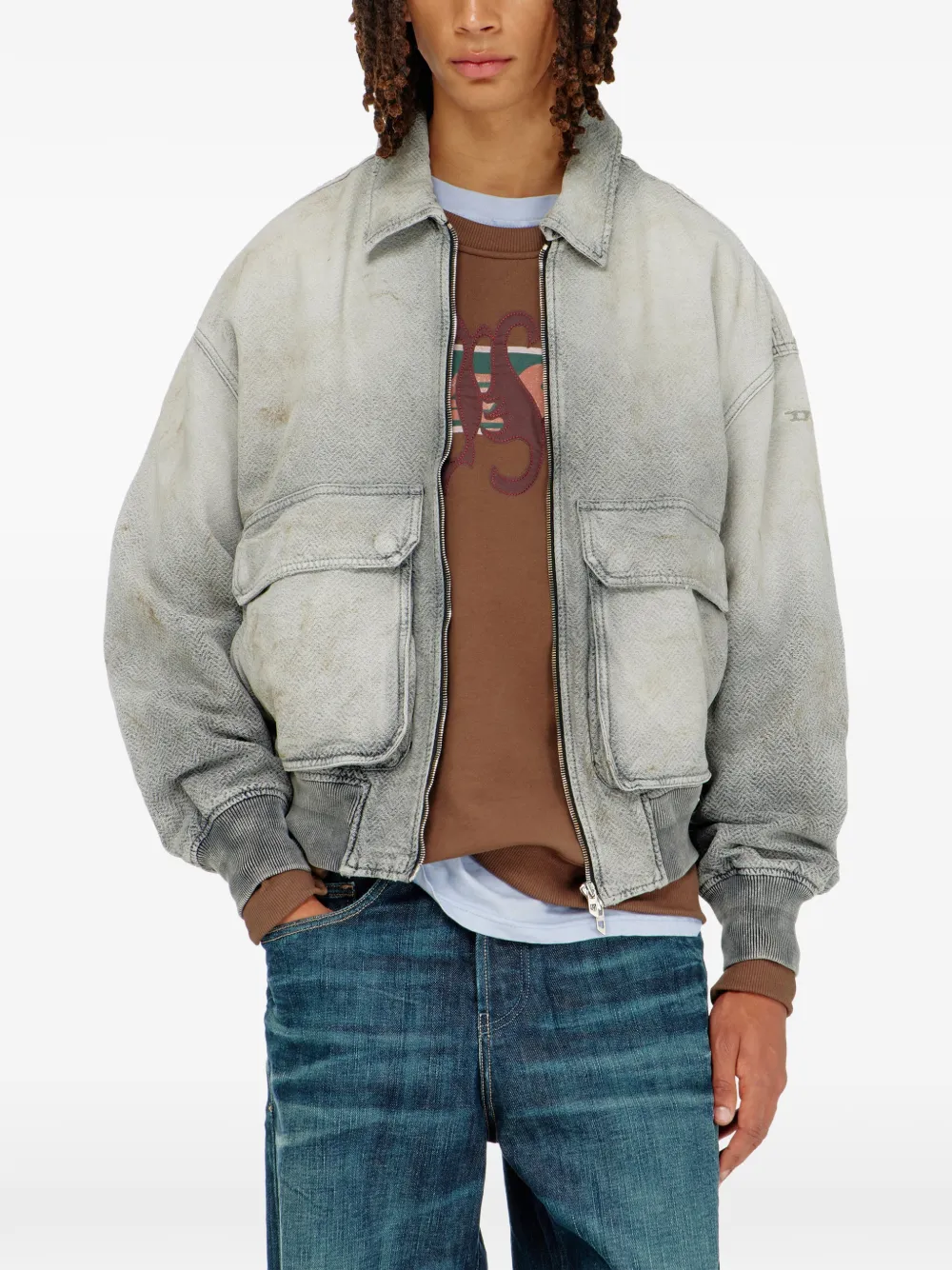 Diesel jacket in distressed herringbone denim Grijs
