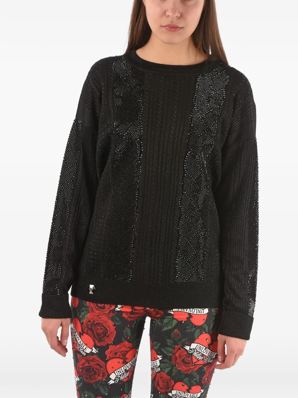 Philipp Plein crystal-embellished cable-knit sweater - Schwarz