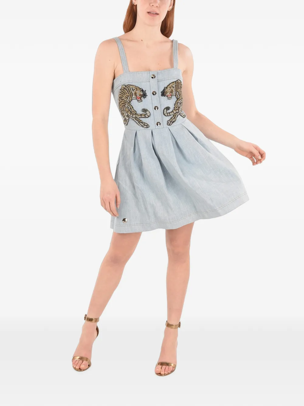 Philipp Plein embellished pleated denim mini dress Blauw