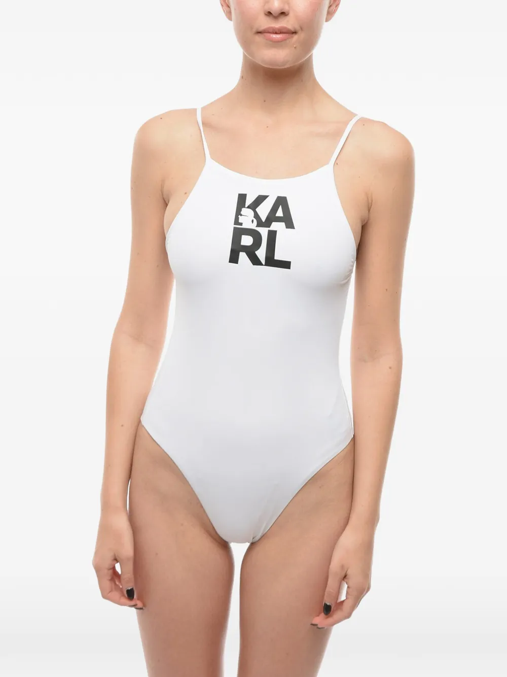 Karl Lagerfeld Rückenfreier Badeanzug mit Logo-Print - Weiß