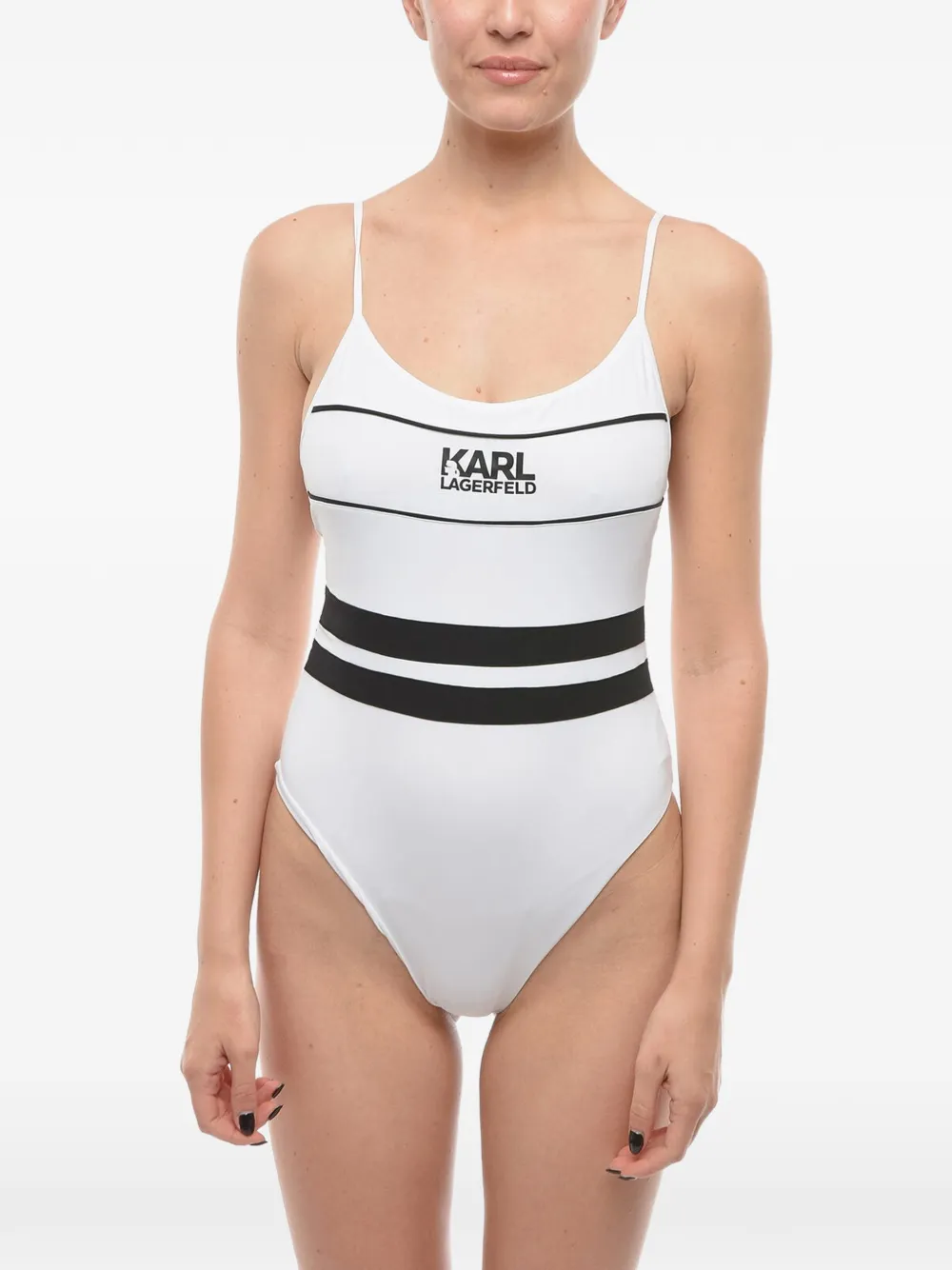 Karl Lagerfeld Gestreifter Badeanzug mit Logo-Print - Weiß