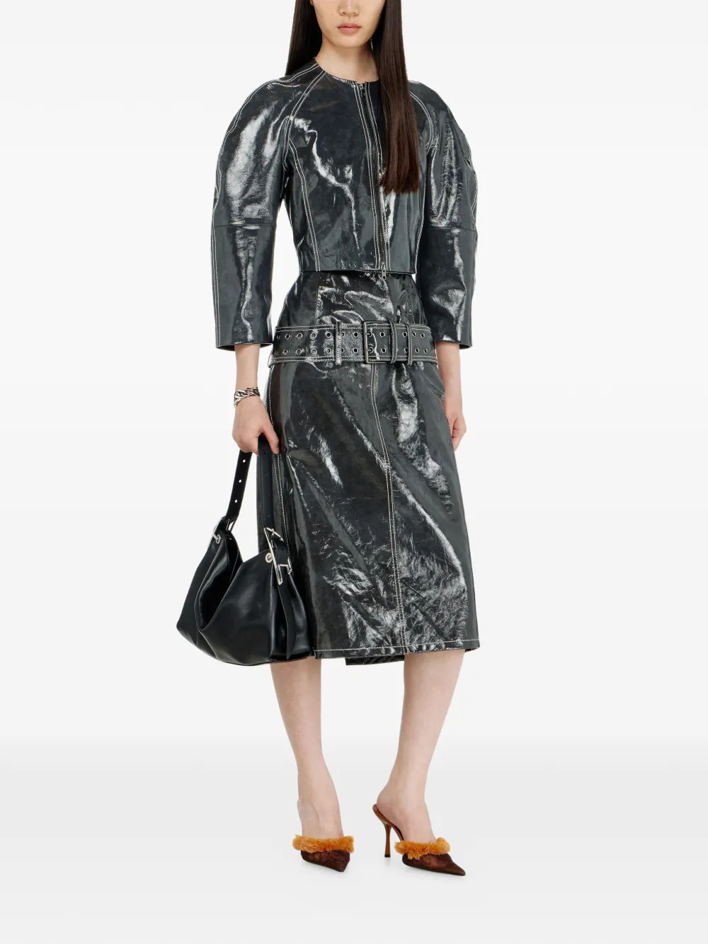Diesel Lakleren midi-rok met ceintuur Grijs