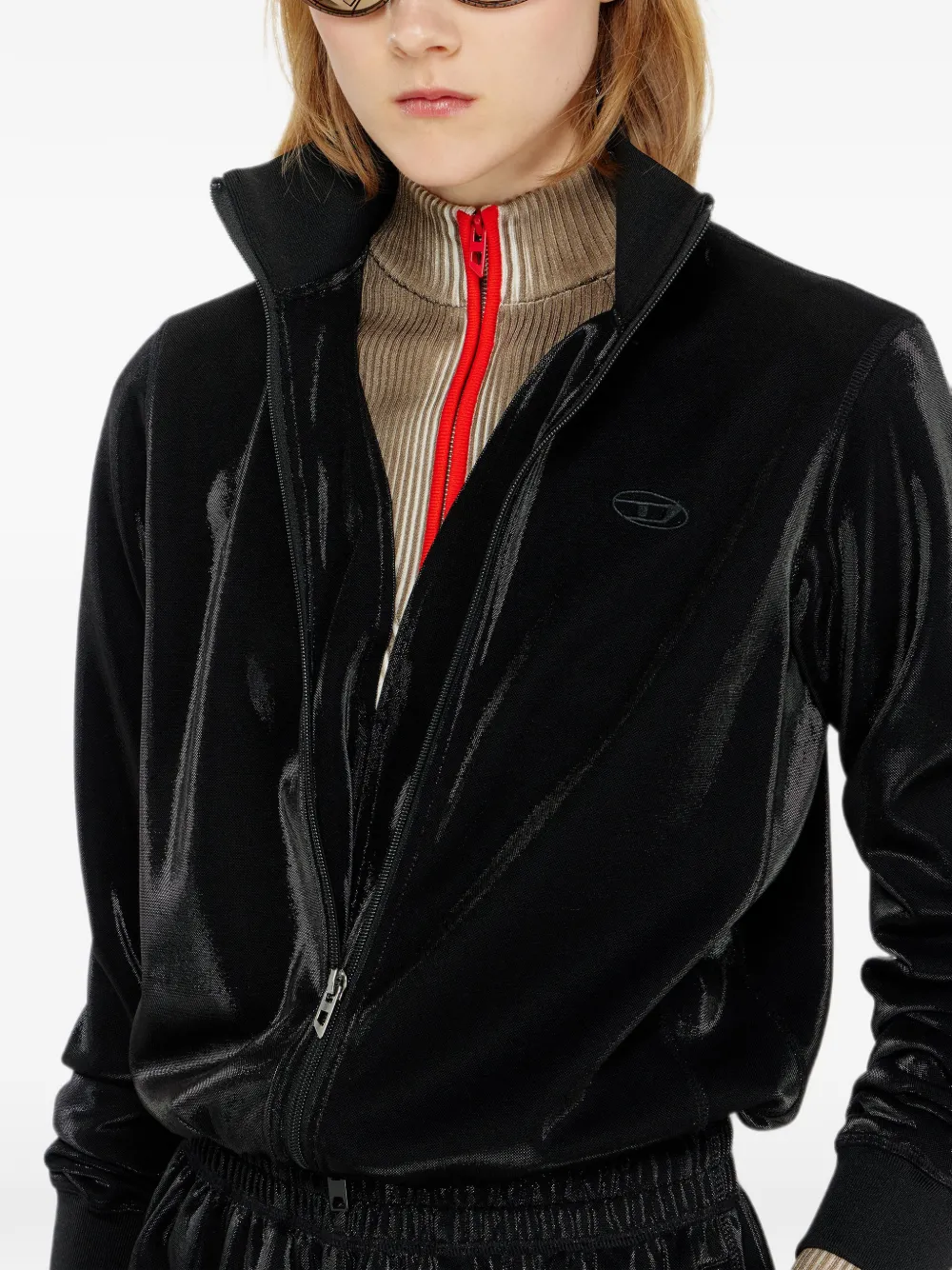 Diesel Sweater met rits en glanzend piquet-effect Zwart