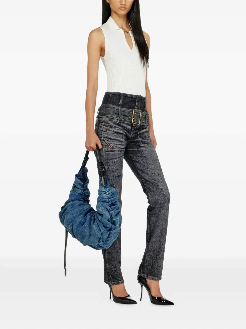 Diesel Mouwloze ribgebreide polotop van zijdemix Beige