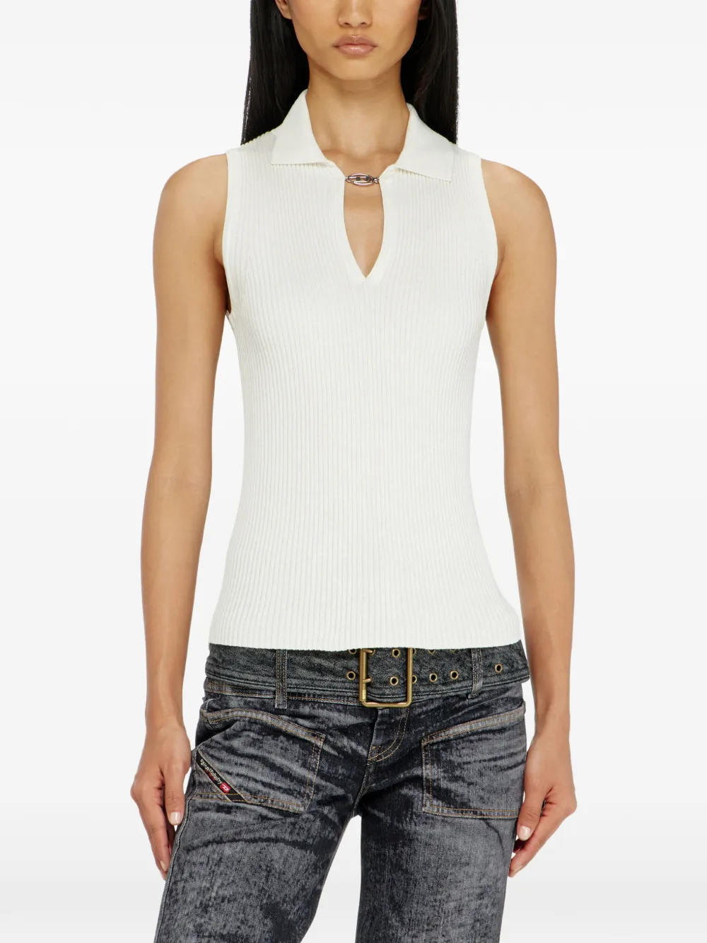 Diesel Mouwloze ribgebreide polotop van zijdemix Beige