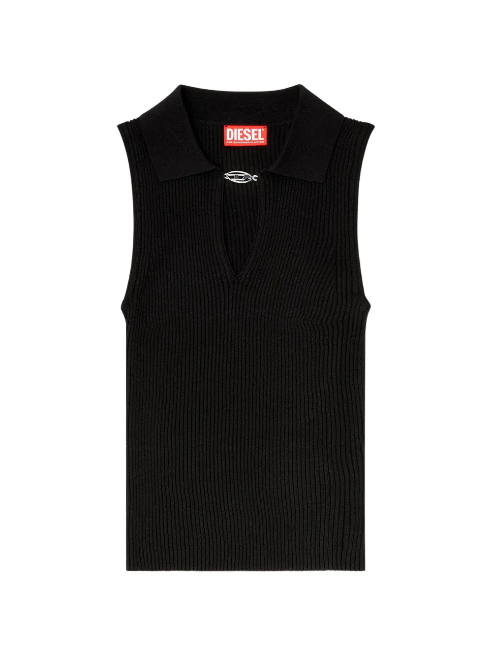 Diesel sleeveless rib-knit polo top in silk blend - Nero