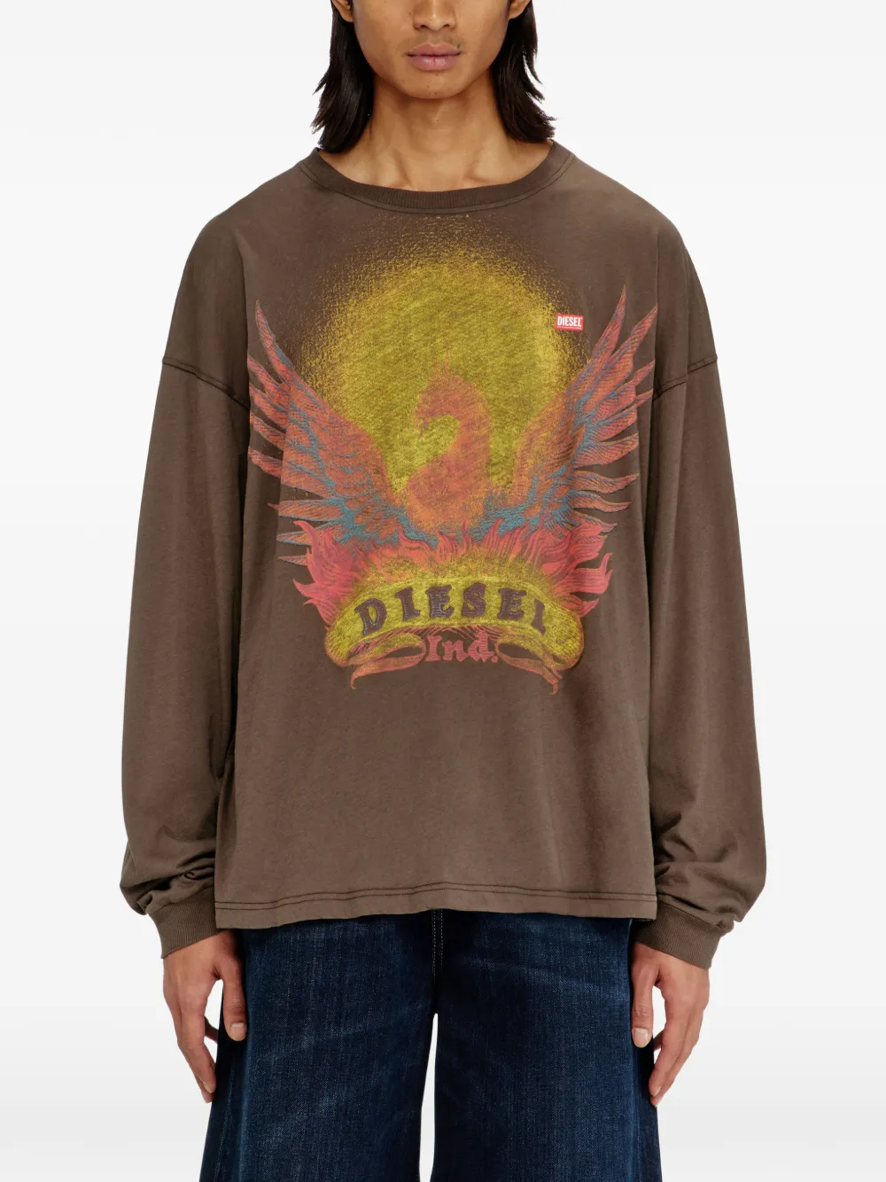 Diesel T-shirt met lange mouwen en phoenix-print Bruin