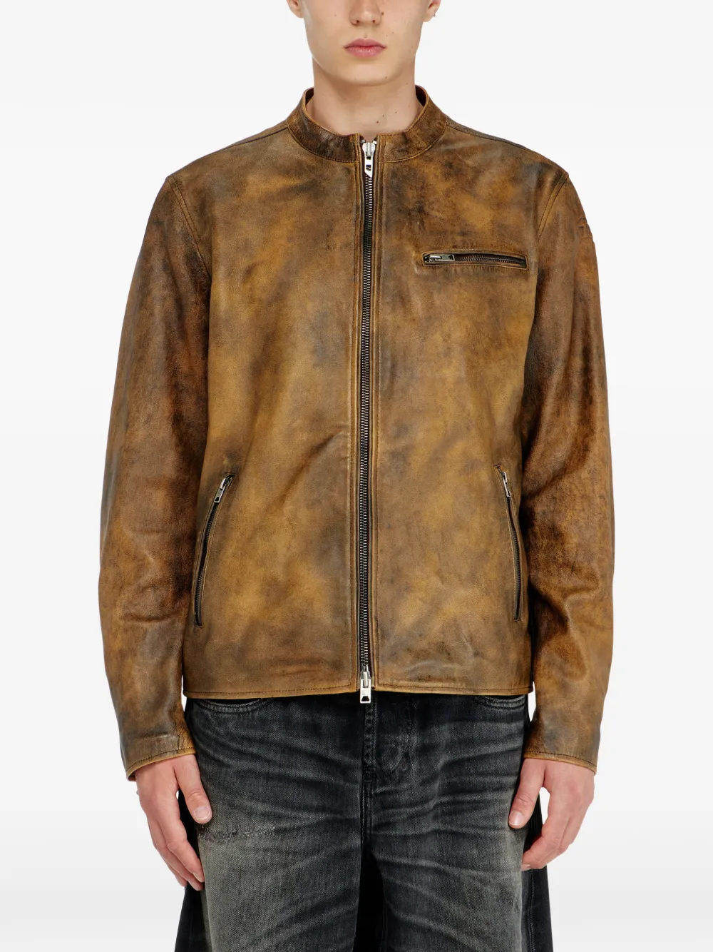 Diesel Oval-D leren jack met reliëf Bruin