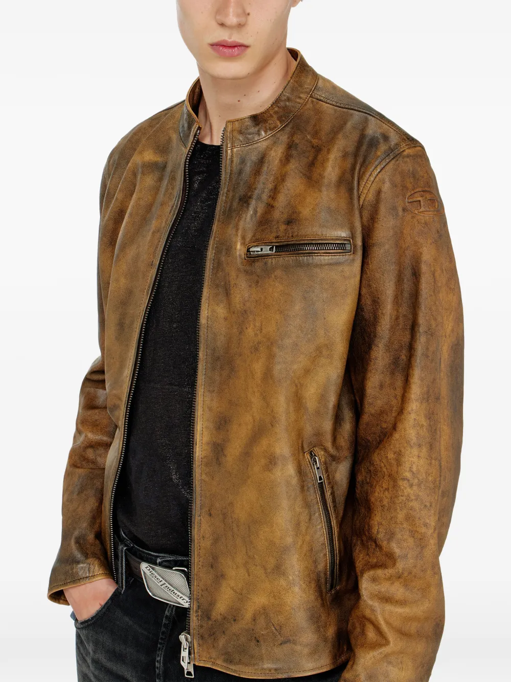 Diesel Oval-D leren jack met reliëf Bruin
