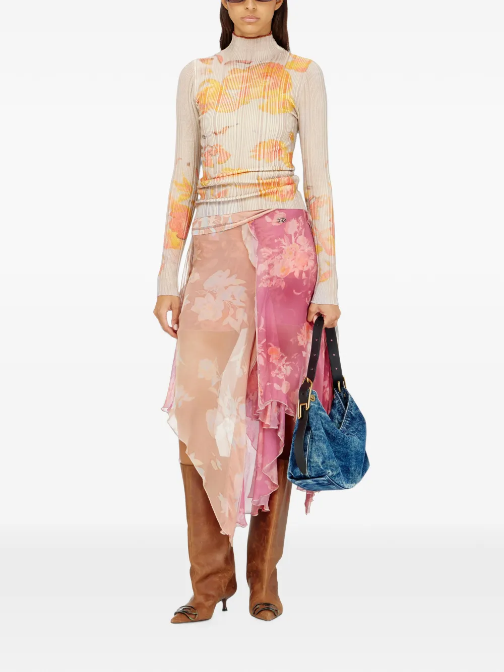 Diesel Asymmetrische midi-rok met bloemen van viscose en zijde Roze