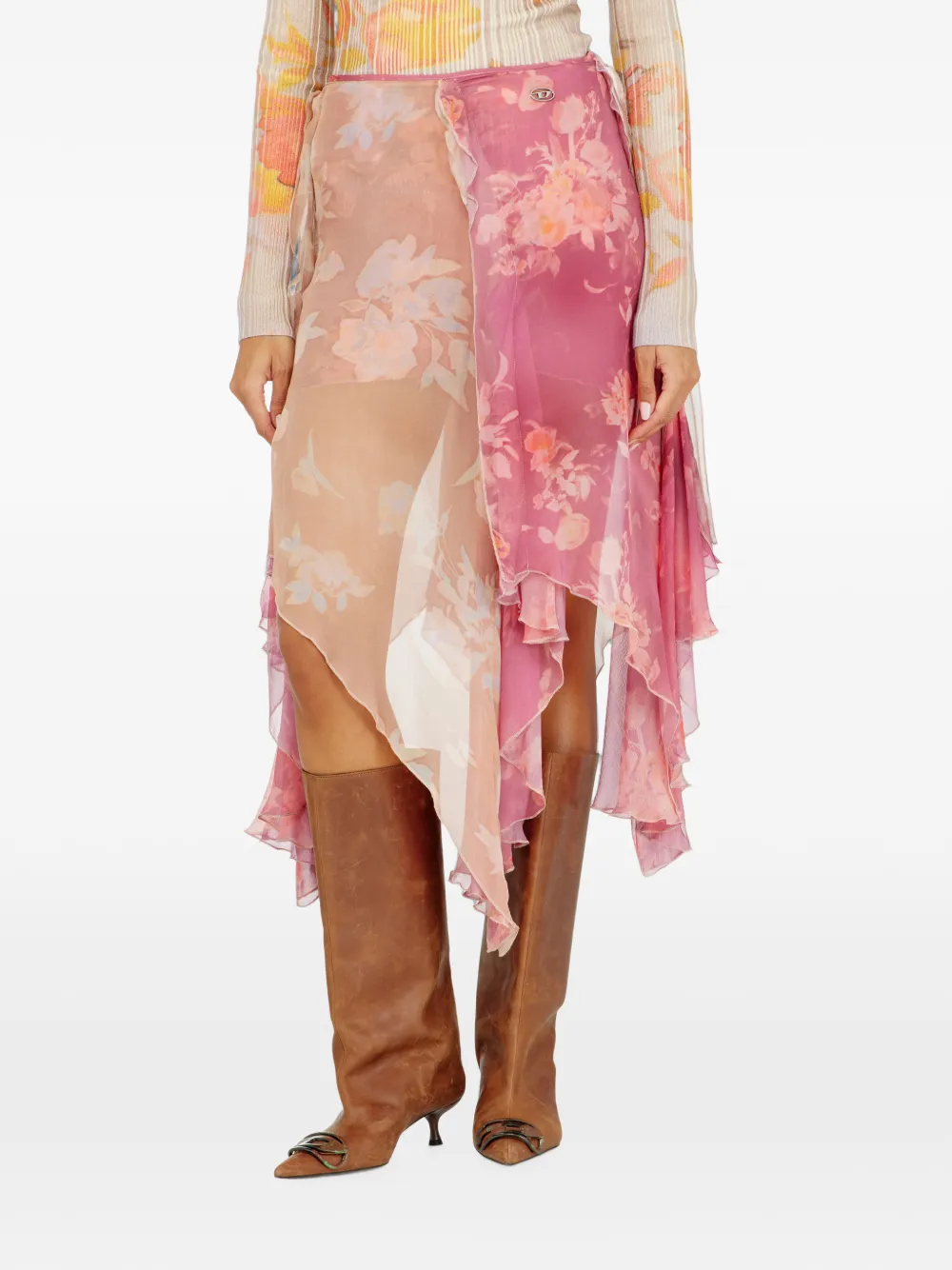 Diesel Asymmetrische midi-rok met bloemen van viscose en zijde Roze