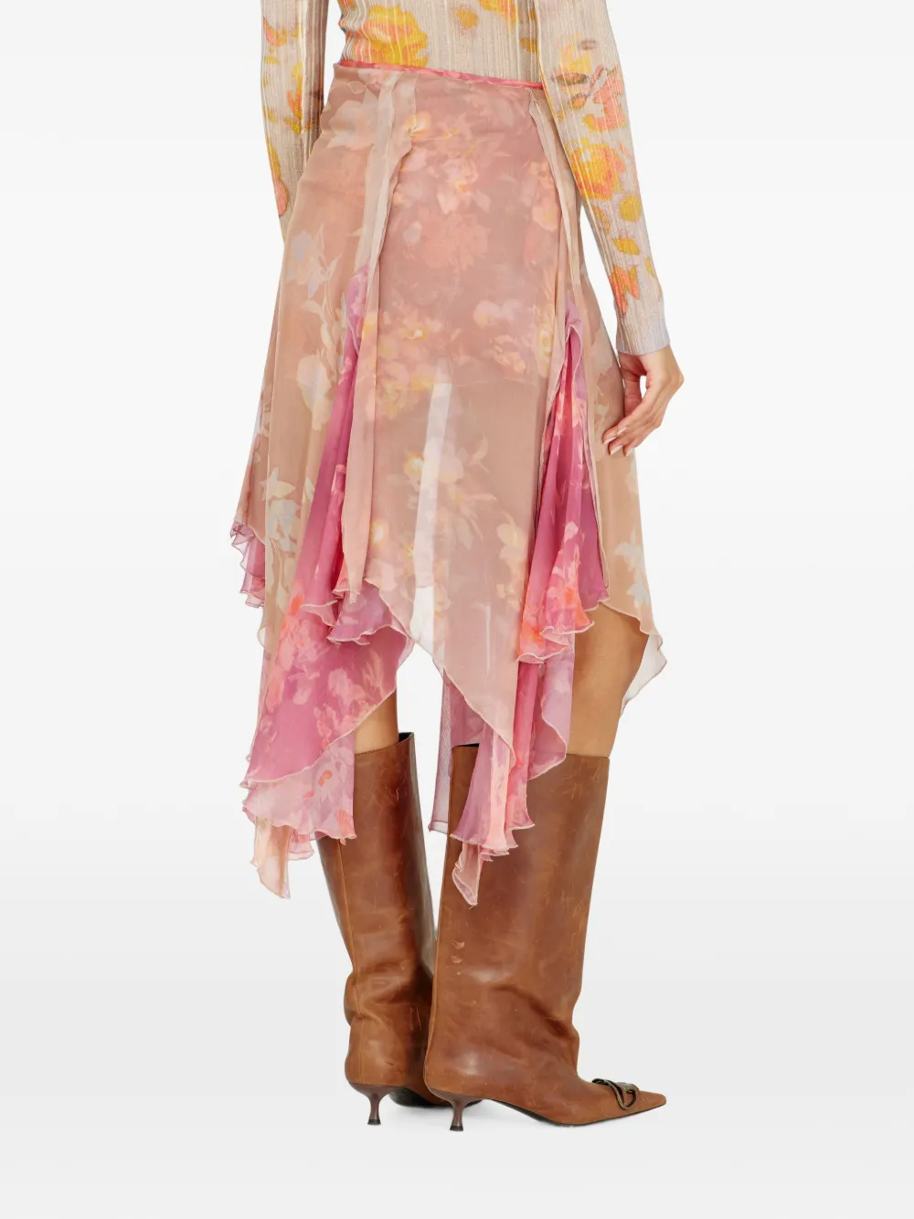 Diesel Asymmetrische midi-rok met bloemen van viscose en zijde Roze
