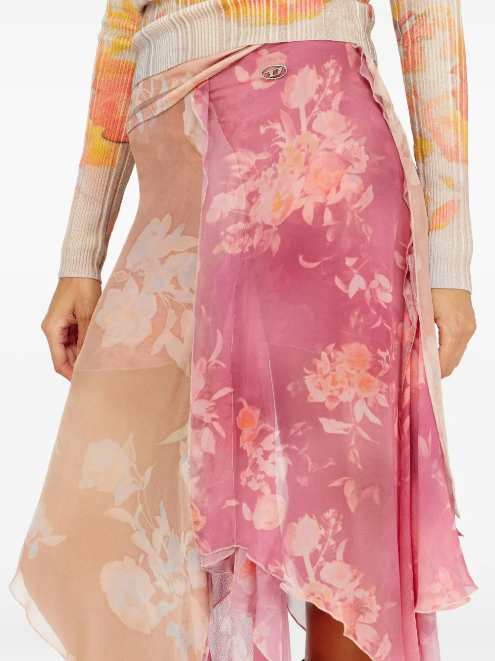 Diesel Asymmetrische midi-rok met bloemen van viscose en zijde Roze