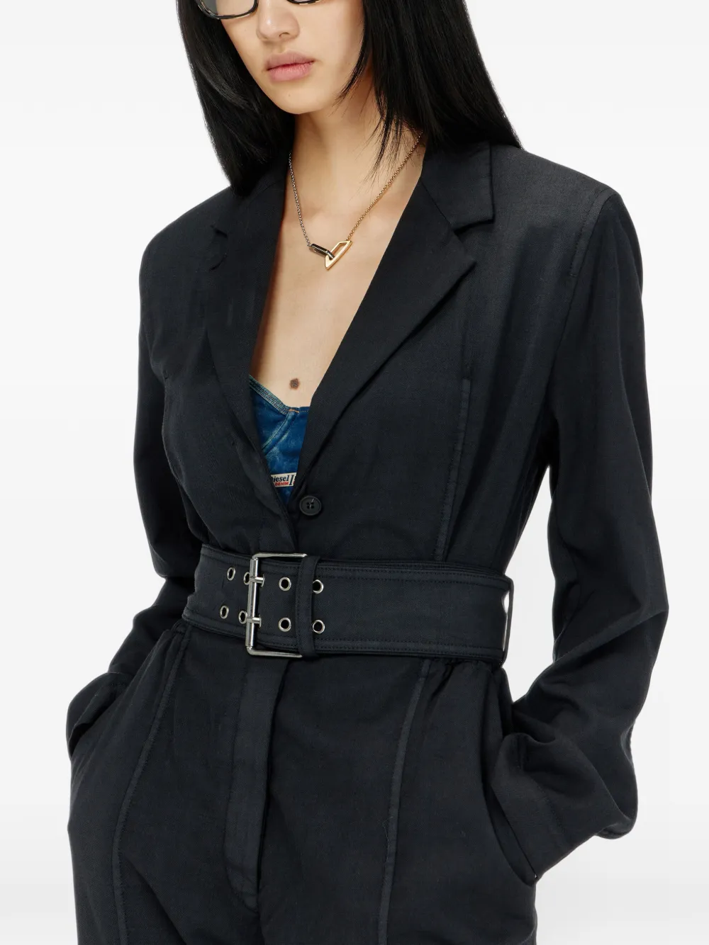 Diesel Belted blazer jumpsuit in stretch wool Zwart