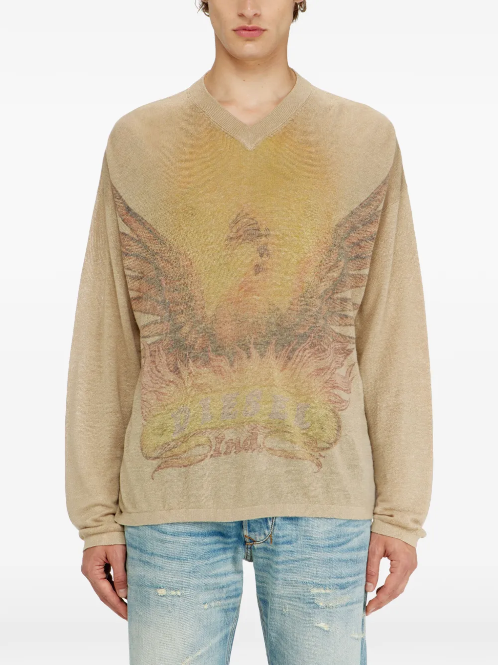 Diesel Trui met V-hals en print Beige