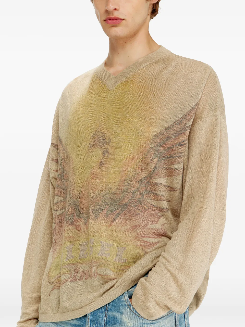 Diesel Trui met V-hals en print Beige