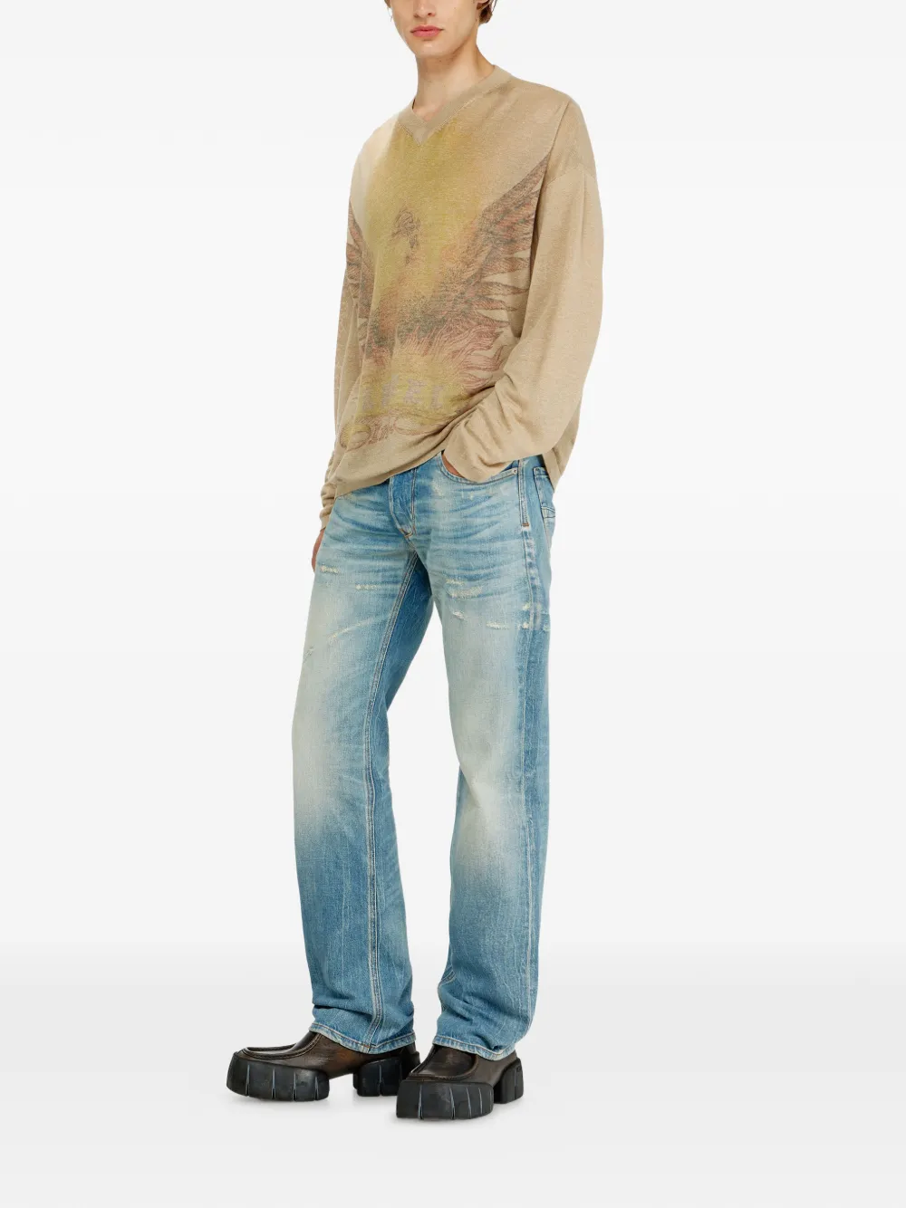 Diesel Trui met V-hals en print Beige