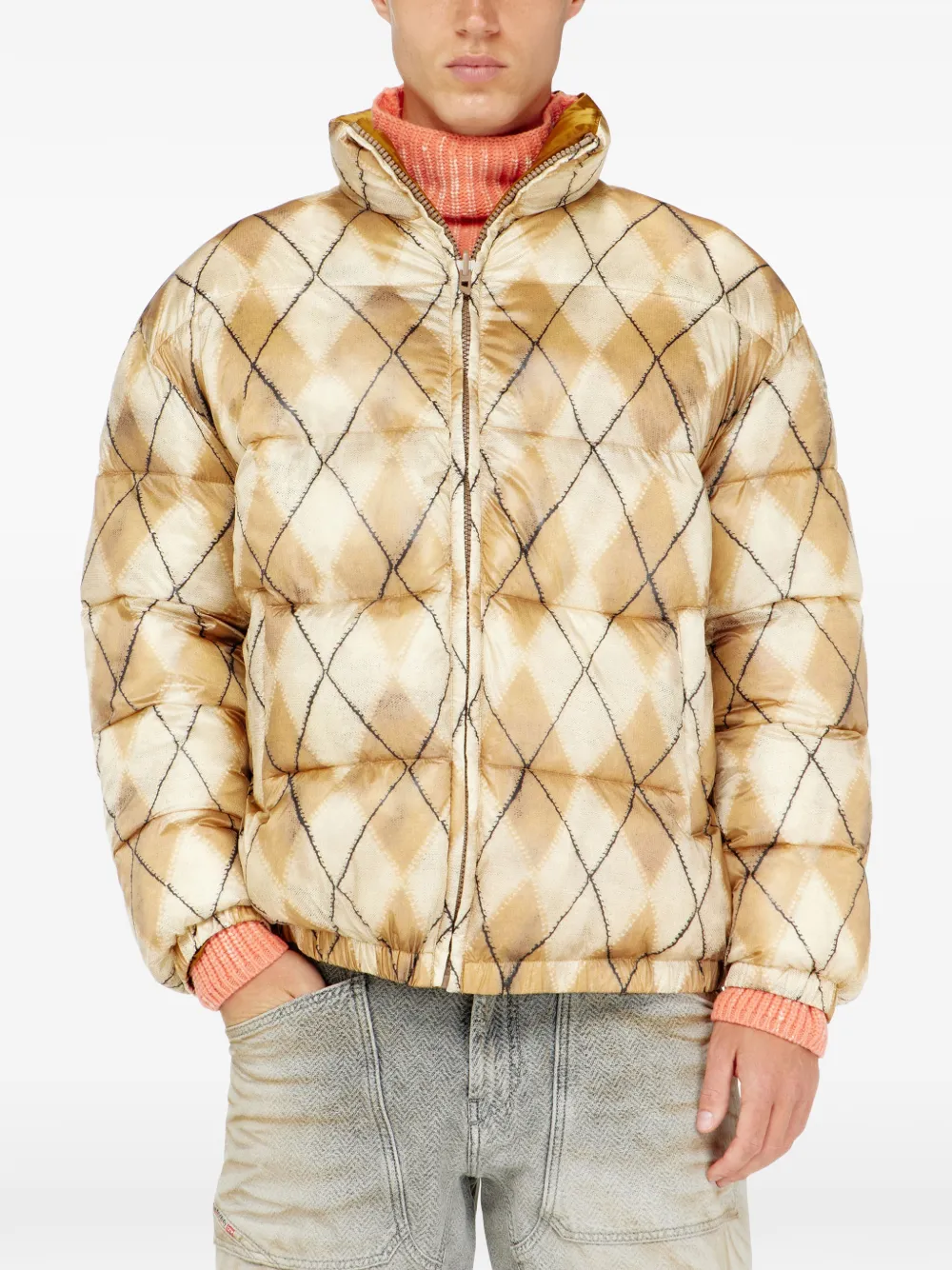 Diesel Omkeerbaar donsjack met argyle-print Beige