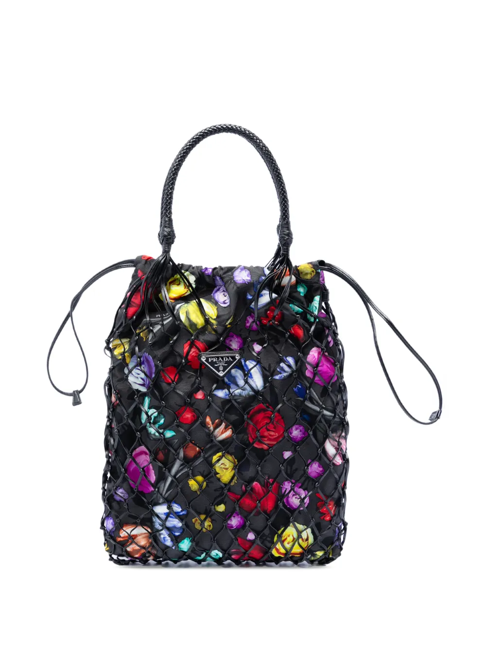 Prada Pre-Owned 2013-2026 Mesh Leather and Floral Printed Tessuto tote bag - Nero