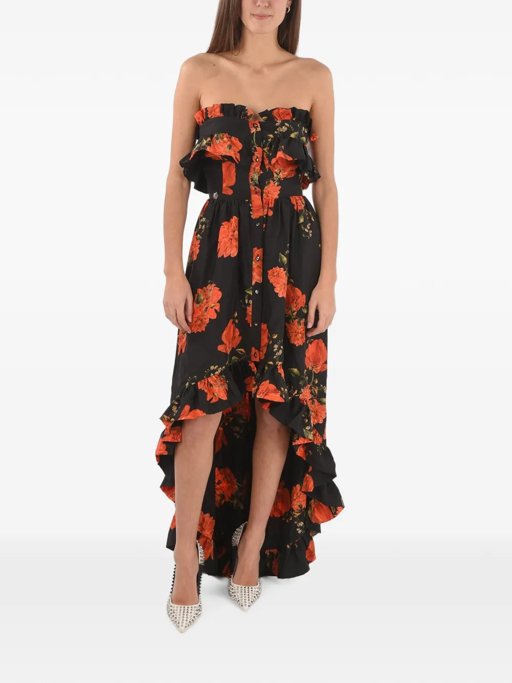 Philipp Plein floral-print ruffled maxi dress - Schwarz