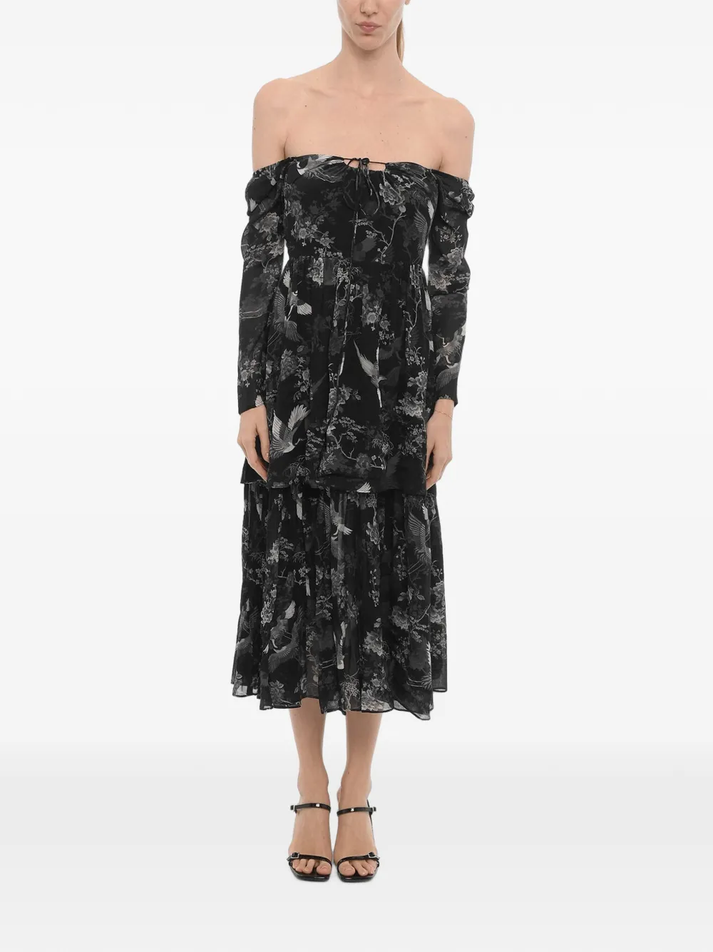 AllSaints Devyn Peggy off-the-shoulder floral-print midi dress - Schwarz