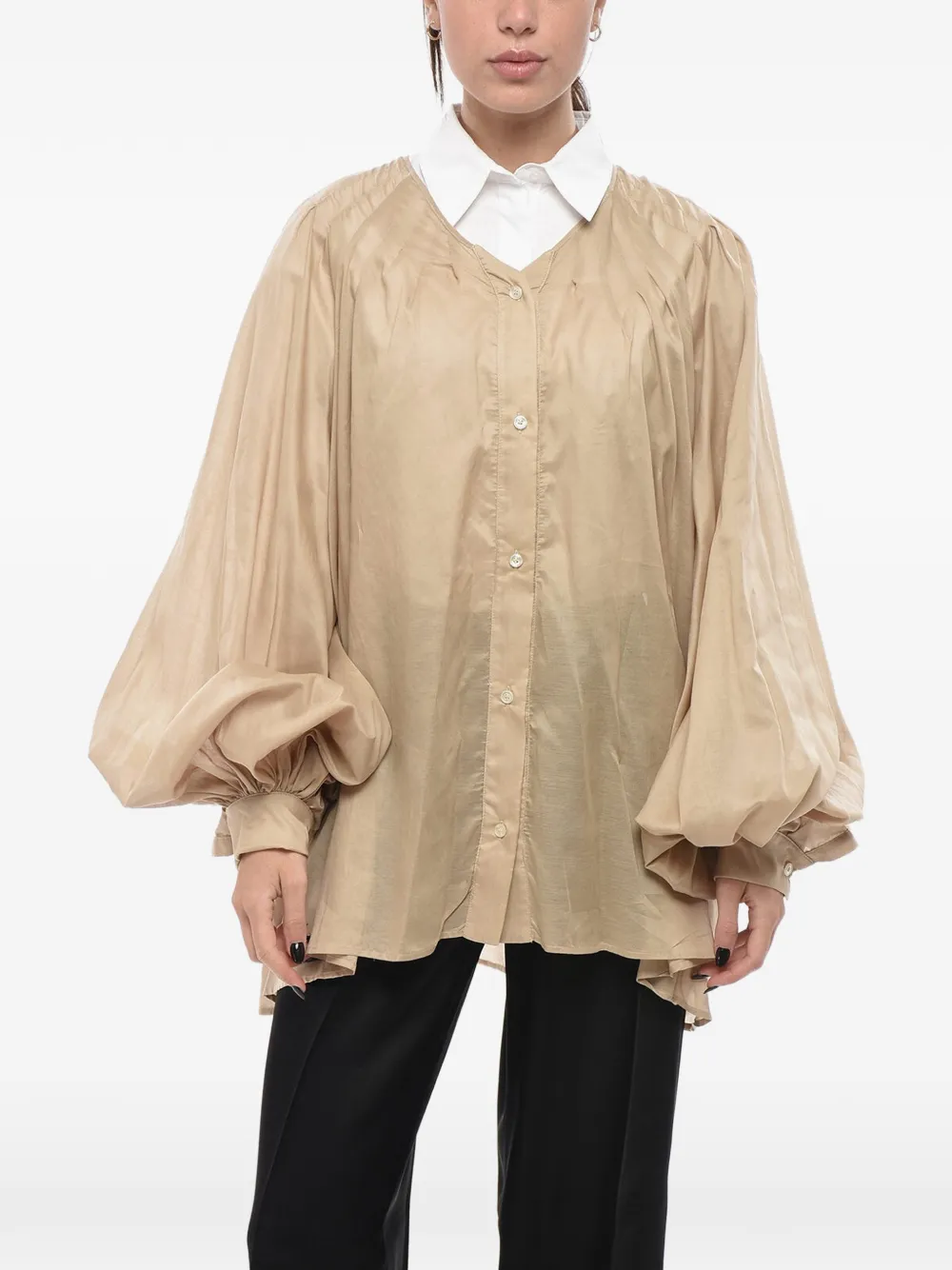 The Latest Balloon-sleeves V-neck Shirt In Neutral