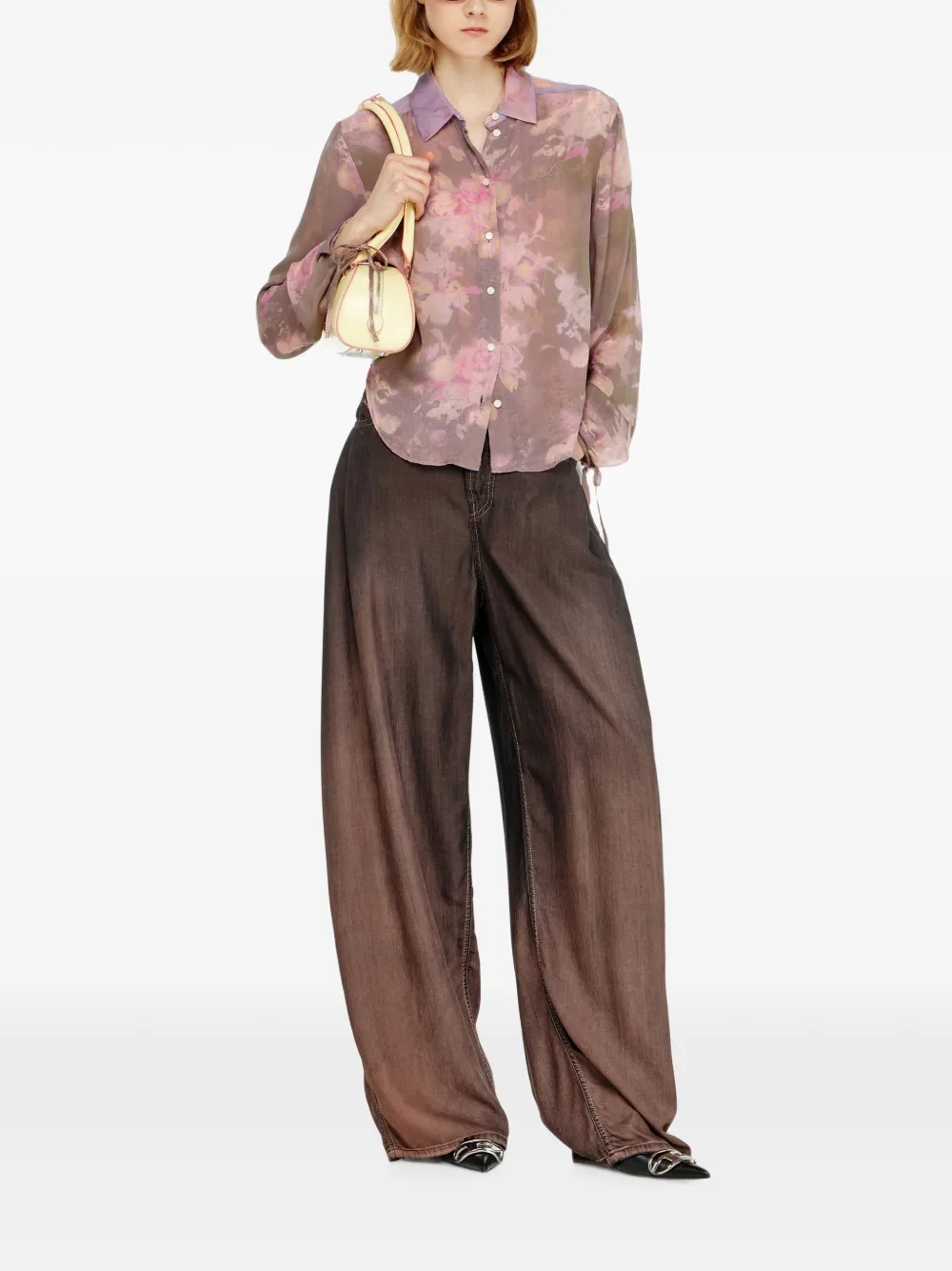 Diesel Chiffon overhemd met all-over bloemenprint Bruin