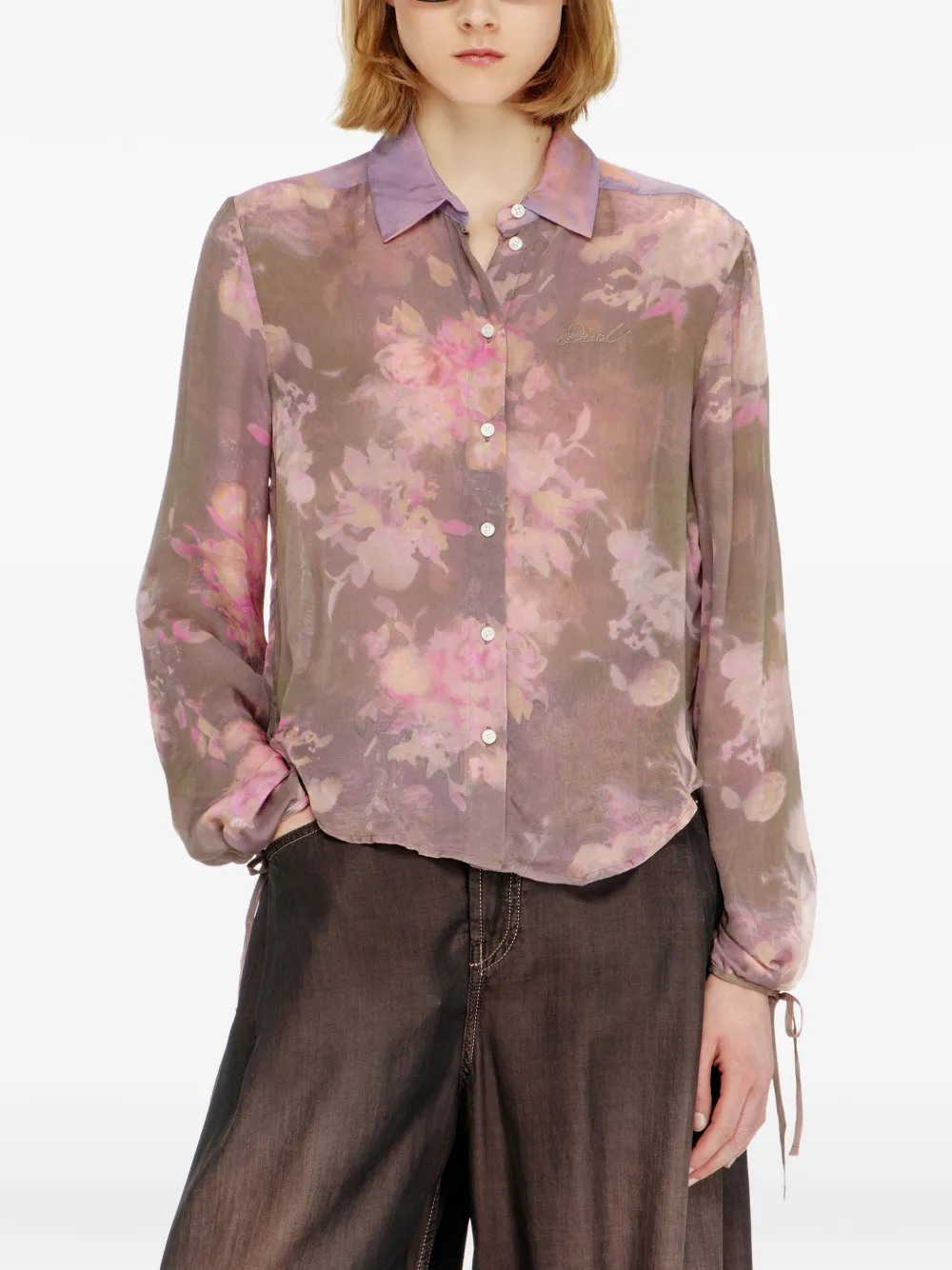 Diesel Chiffon overhemd met all-over bloemenprint Bruin