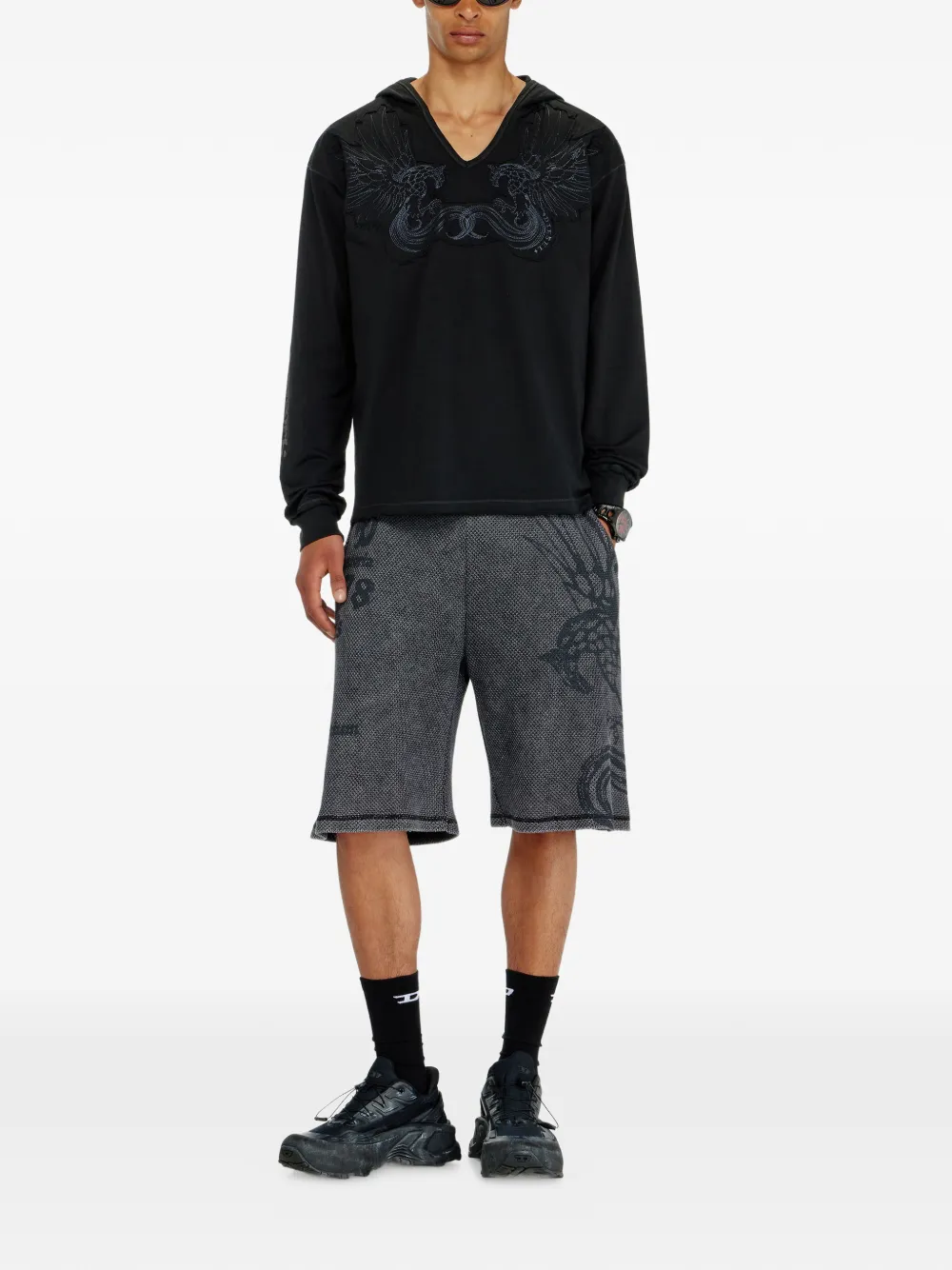 Diesel Hoodie met geborduurde patch en V-hals Zwart