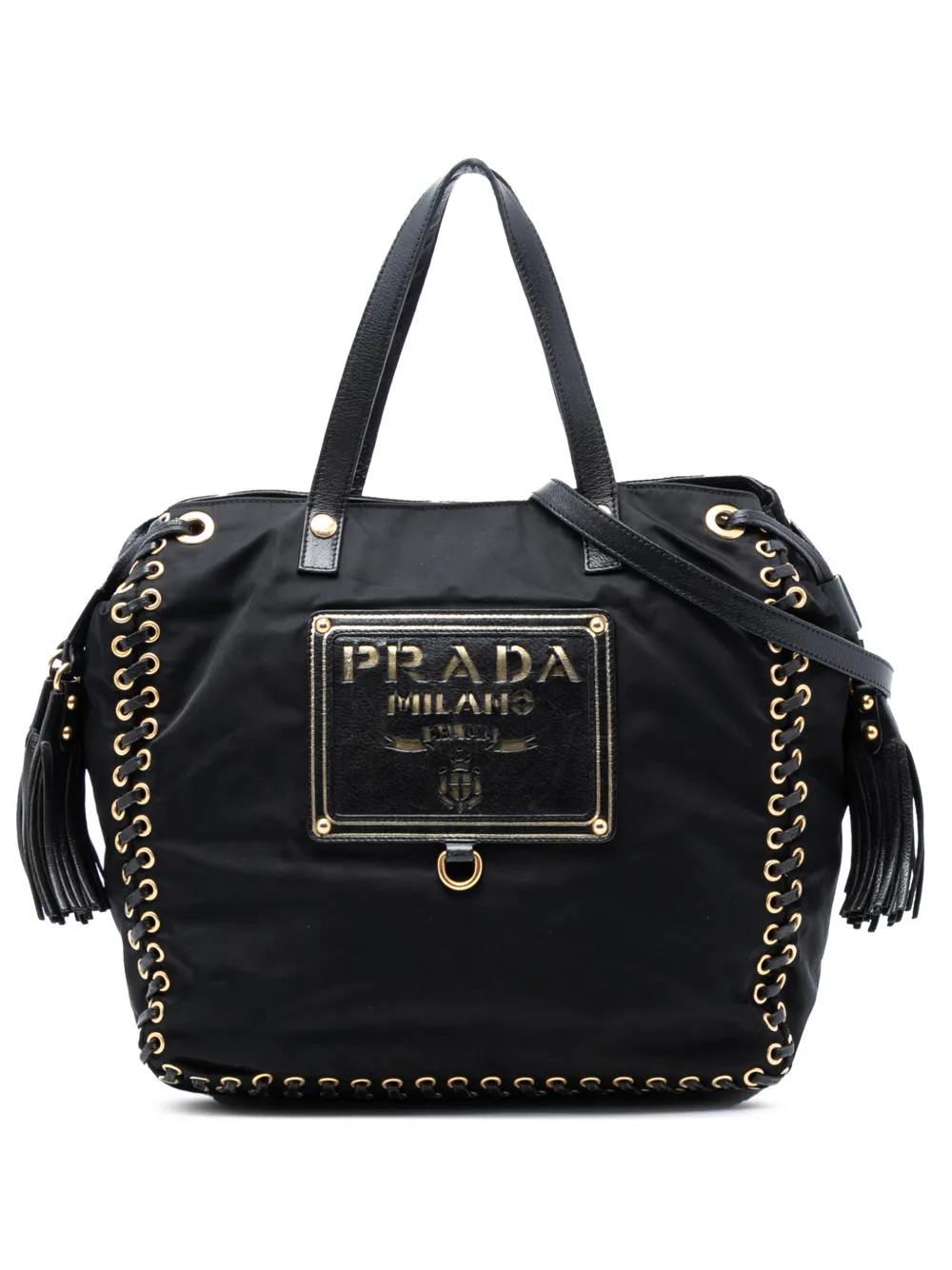 Prada Pre-Owned 2010-2026 Tessuto Whipstitched Logo Oro Tassel satchel - Nero