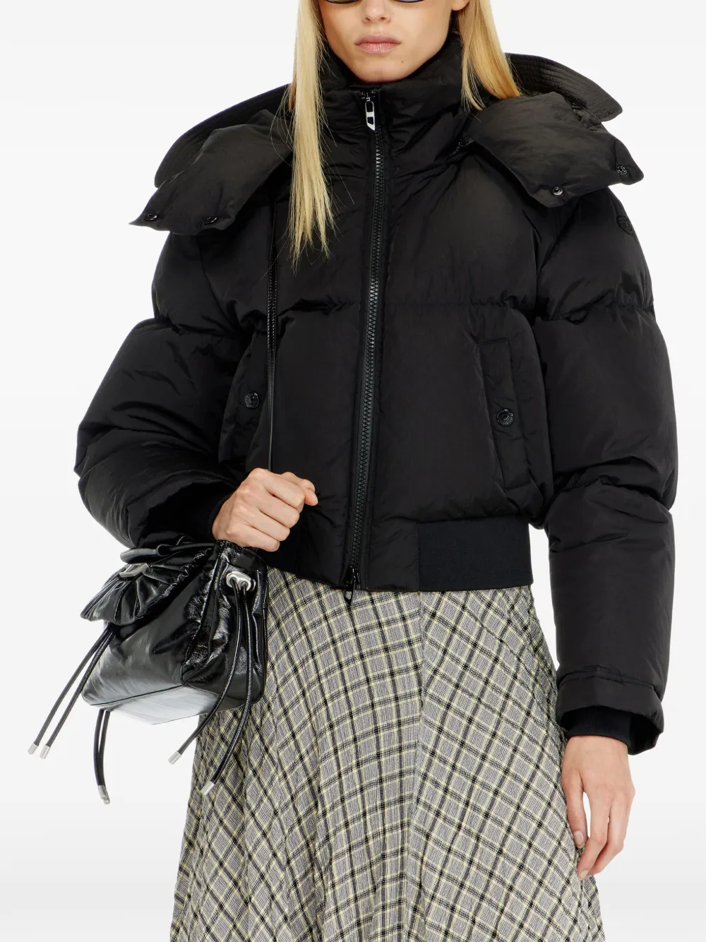 Diesel Nylon donsjack met afneembare capuchon en gekreukt effect Zwart