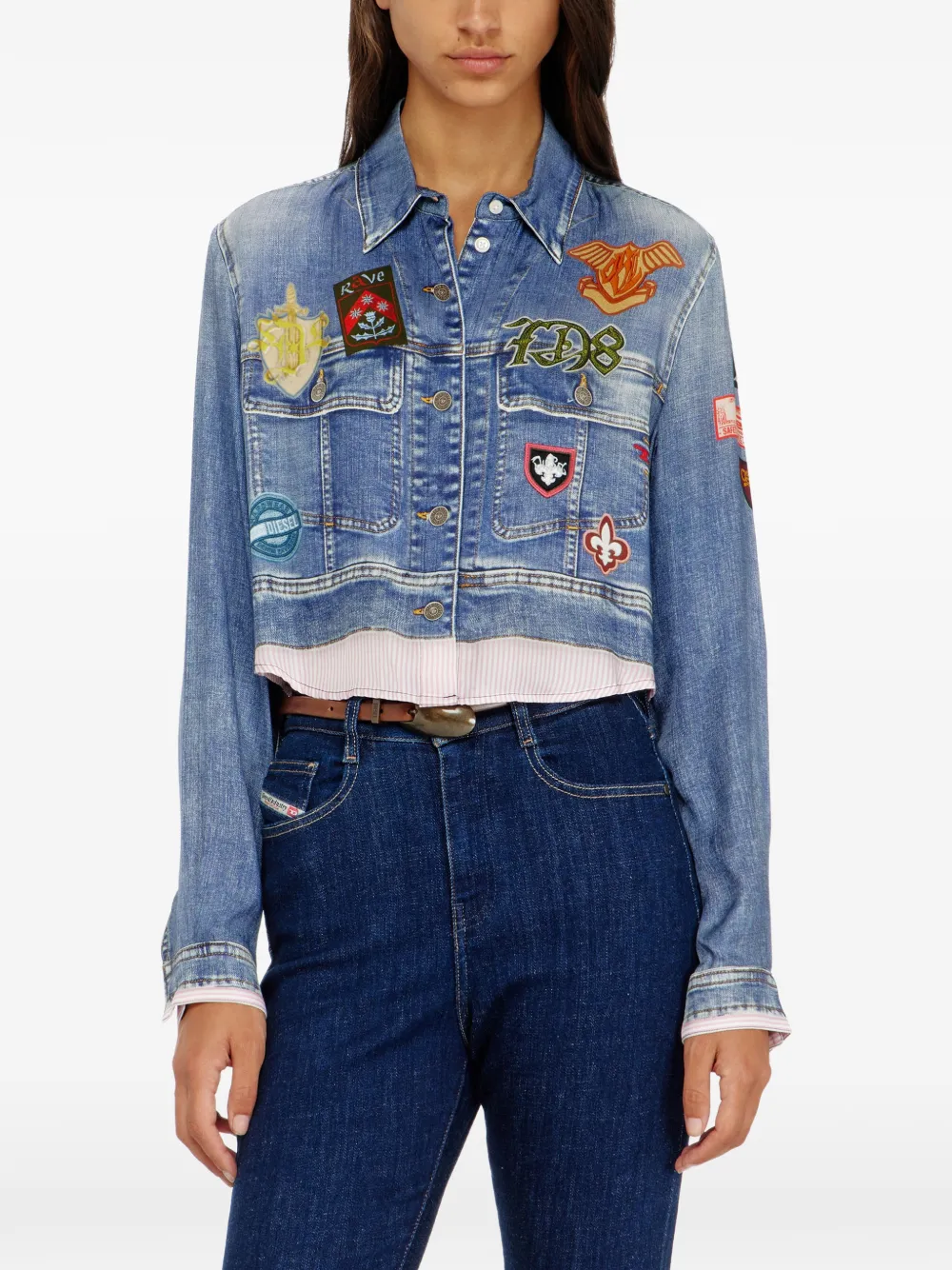 Diesel Cropped satijnen blouse met trompe-l oeil denim print Blauw