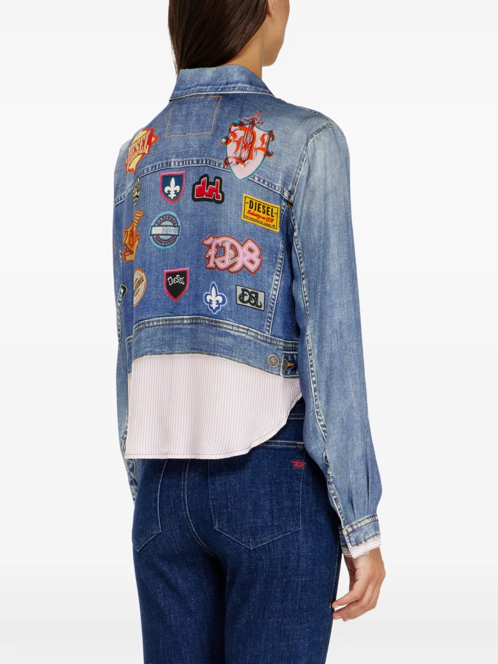 Diesel Cropped satijnen blouse met trompe-l oeil denim print Blauw