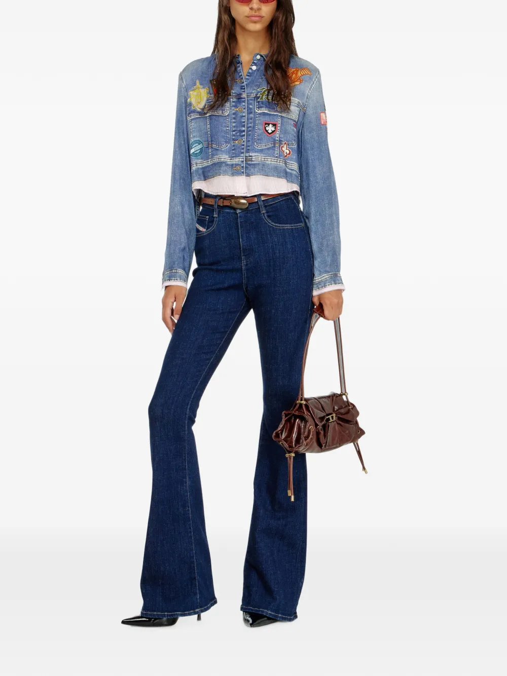 Diesel Cropped satijnen blouse met trompe-l oeil denim print Blauw