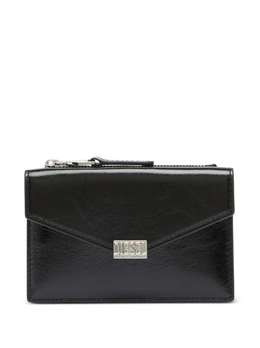 Diesel envelope-style card holder in shiny wrinkled leather - Schwarz