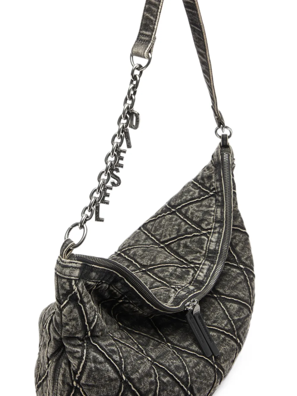 Diesel Charm-D gewatteerde denim schoudertas met acid-wassing Grijs